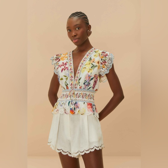 FARM Rio Pants - Farm Rio Off-White Richelieu Linen Shorts